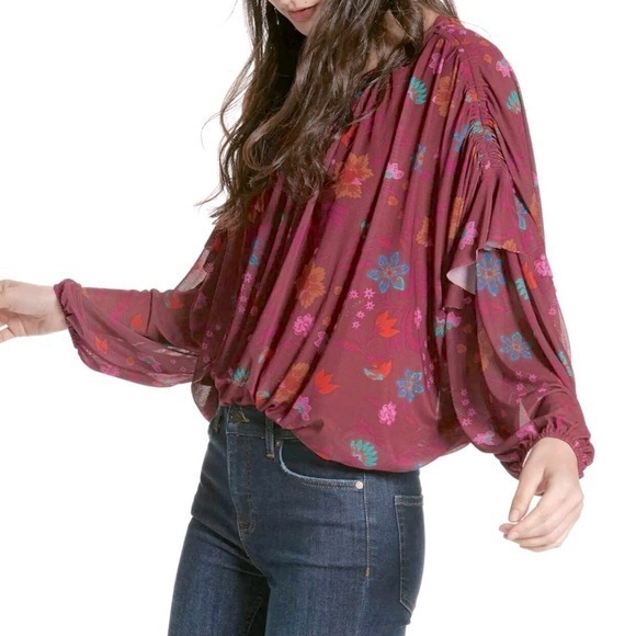 Free People mesh floral balloon ruffle sleeve top small - Picture 1 of 10